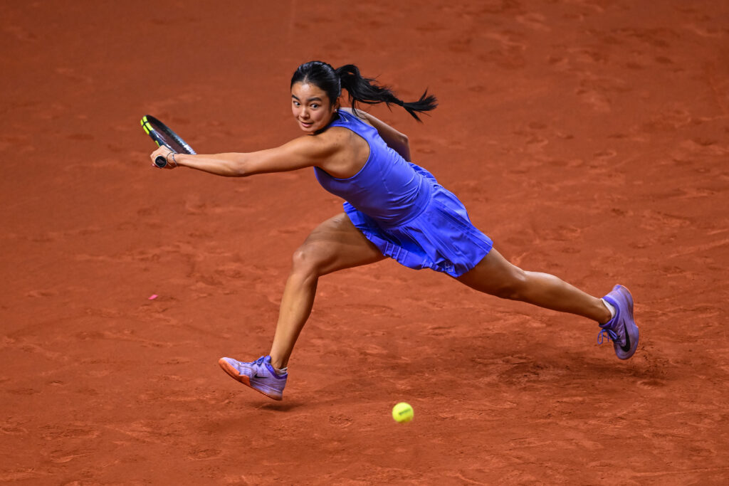 Alexandra Eala of Philippines in action against Leylah Fernandez of Canada during the Women's Singles first round match on day two of the Porsche Tennis Grand Prix 2026 at Porsche Arena on April 14, 2026 in Stuttgart, Germany.
