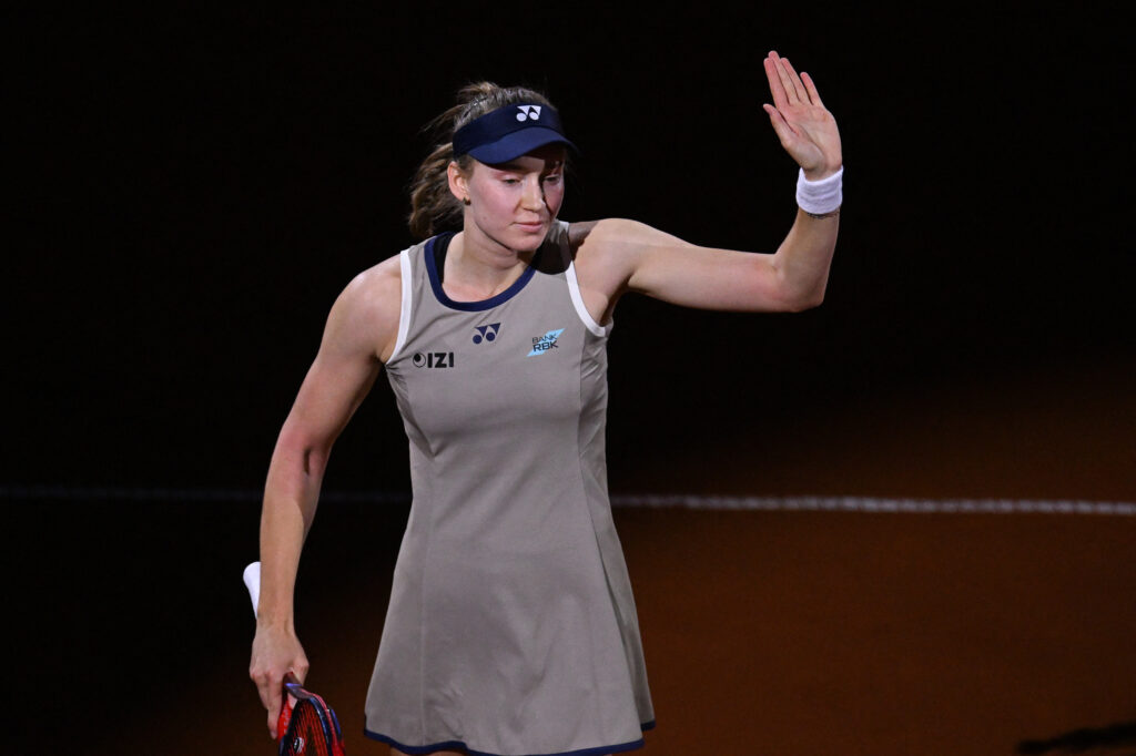 Kazakhstan's Elena Rybakina reacts after she defeated Russia's Mirra Andreeva (not in picture) during their semifinal match at the Women's Tennis Grand Prix WTA tournament in Stuttgart, southwestern Germany, on April 18, 2026.
