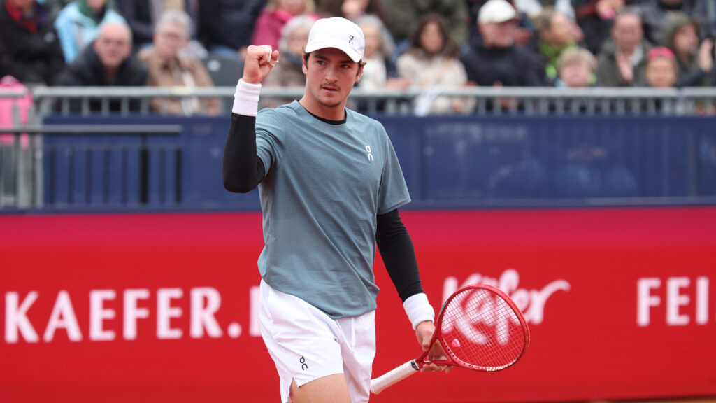 Joao Fonseca of Brazil gestures as he plays against Arthur Rinderknech of France during day five of the BMW Open at MTTC IPHITOS on April 15, 2026 in Munich, Germany.