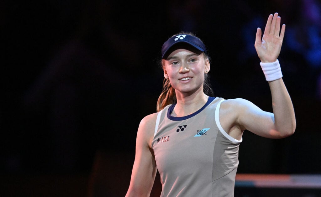 Kazakhstan's Elena Rybakina reacts after defeating Czech Republic's Karolina Muchova (unseen) in their final match of the 2026 WTA Stuttgart Open Tennis Tournament on April 19, 2026 in Stuttgart, south-western Germany.
