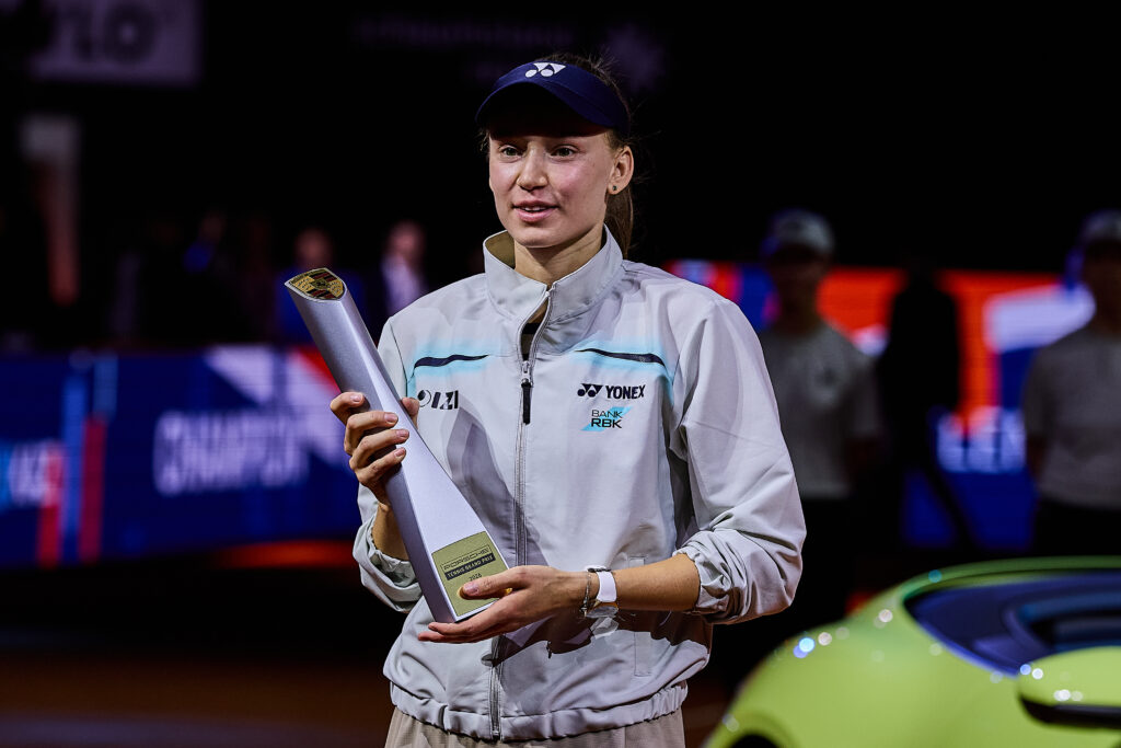 Elena Rybakina of Kazakhstan poses with the winners trophy during day seven of the Porsche Tennis Grand Prix 2026 at Porsche Arena on April 19, 2026 in Stuttgart, Germany.