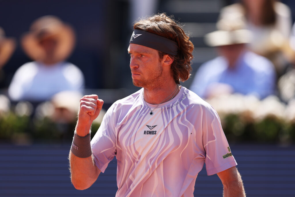 Andrey Rublev reacts to winning a point against Hamad Medjedovic of Serbia during the Men's Singles Semi-Final on day six of the Barcelona Open at Real Club De Tenis Barcelona on April 18, 2026 in Barcelona, Spain.