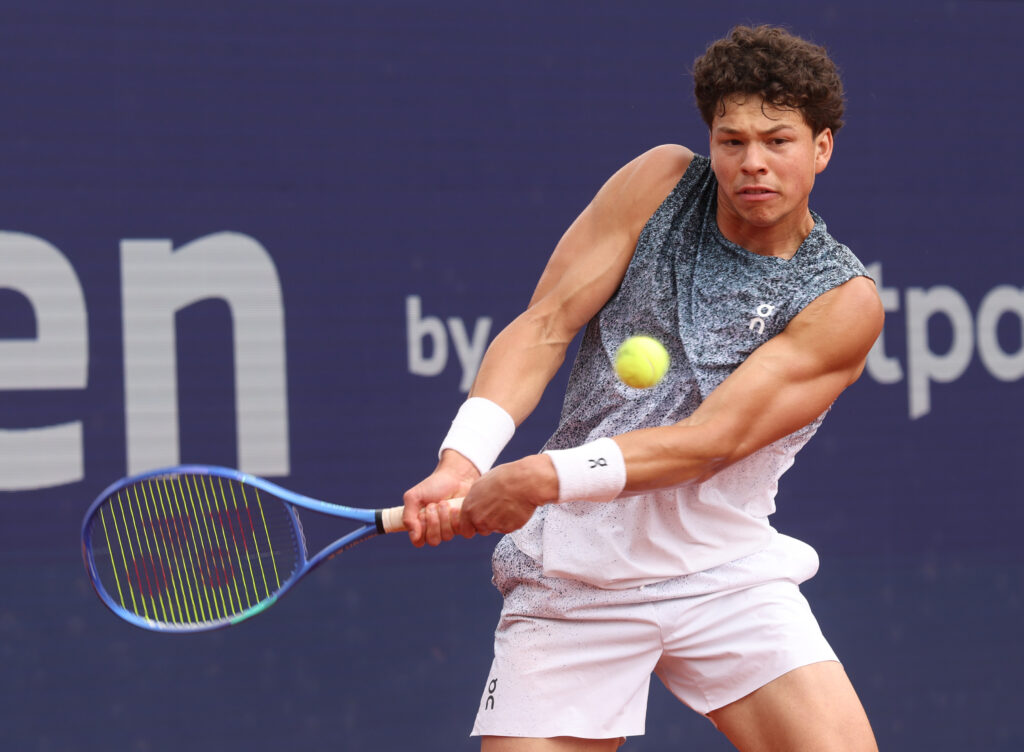 Ben Shelton of USA plays a backhand during the final match against Flavio Cobolli of Italy on day nine of the BMW Open at MTTC IPHITOS on April 19, 2026 in Munich, Germany.