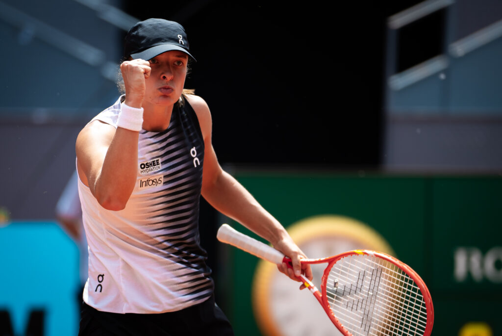 Iga Swiatek of Poland reacts during her match against Daria Snigur of Ukraine in the second round on Day Four of the Mutua Madrid Open at La Caja Magica on April 23, 2026 in Madrid, Spain