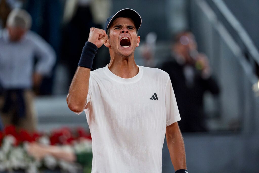 Rafael Jodar of Spain celebrates the victory against Alex de Minaur of Australia at the end of the Men's Singles Round of 64 match during the Mutua Madrid Open 2026 tournament celebrated at La Caja Magica on April 24, 2026 in Madrid, Spain.