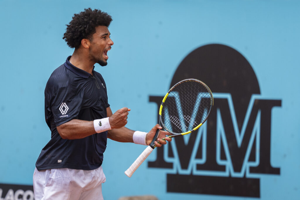 Arthur Fils of France celebrates against Ignacio Buse of Peru during the Men's Singles Second Round match during the Mutua Madrid Open 2026 tournament celebrated at La Caja Magica on April 24, 2026 in Madrid, Spain.
