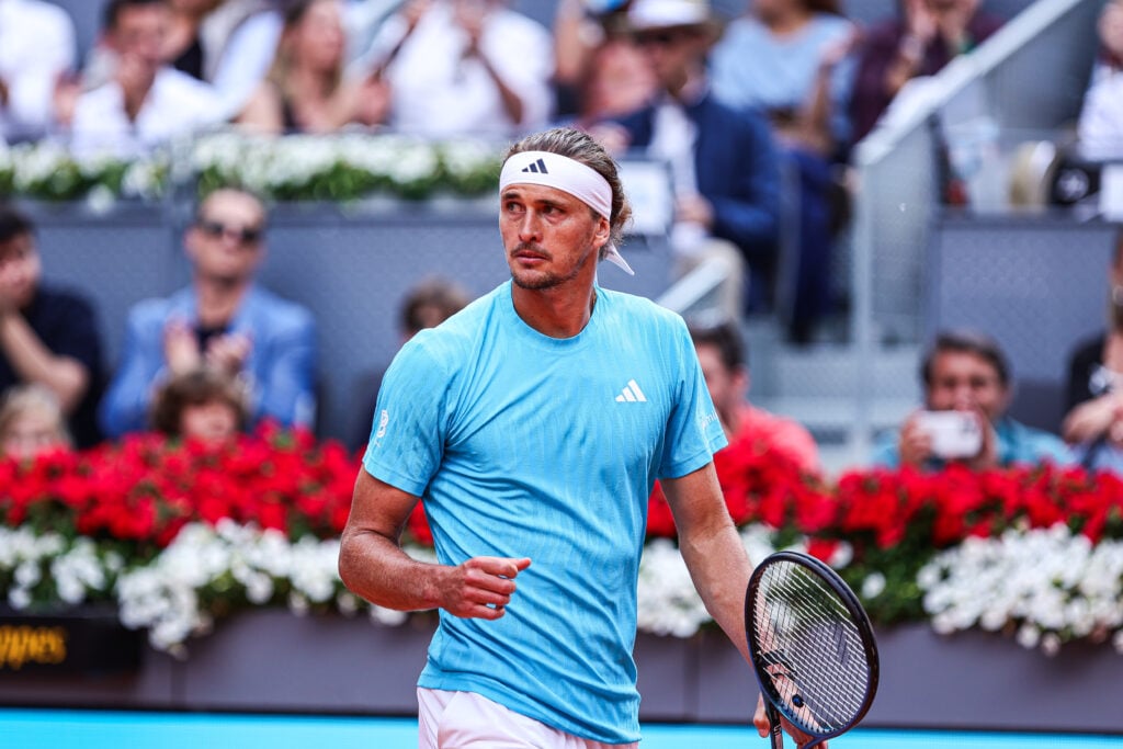 Alexander Zverev of Germany competes against Mariano Navone of Argentina during their Men's Singles match on Day Six of the Mutua Madrid Open at La Caja Magica on April 25, 2026, in Madrid, Spain.