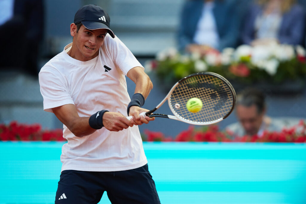 Rafael Jodar of Spain plays a backhand shot against Jesper de Jong of Netherlands in the Men's Singles First Round Match during day three of the Mutua Madrid Open at La Caja Magica on April 22, 2026 in Madrid, Spain.