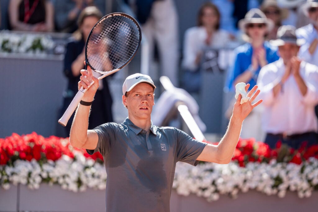 Jannik Sinner of Italy celebrates the victory against Elmer Moller of Denmark at the end of the Men's Singles Round of 32 match during the Mutua Madrid Open 2026 tournament celebrated at La Caja Magica on April 26, 2026 in Madrid, Spain.