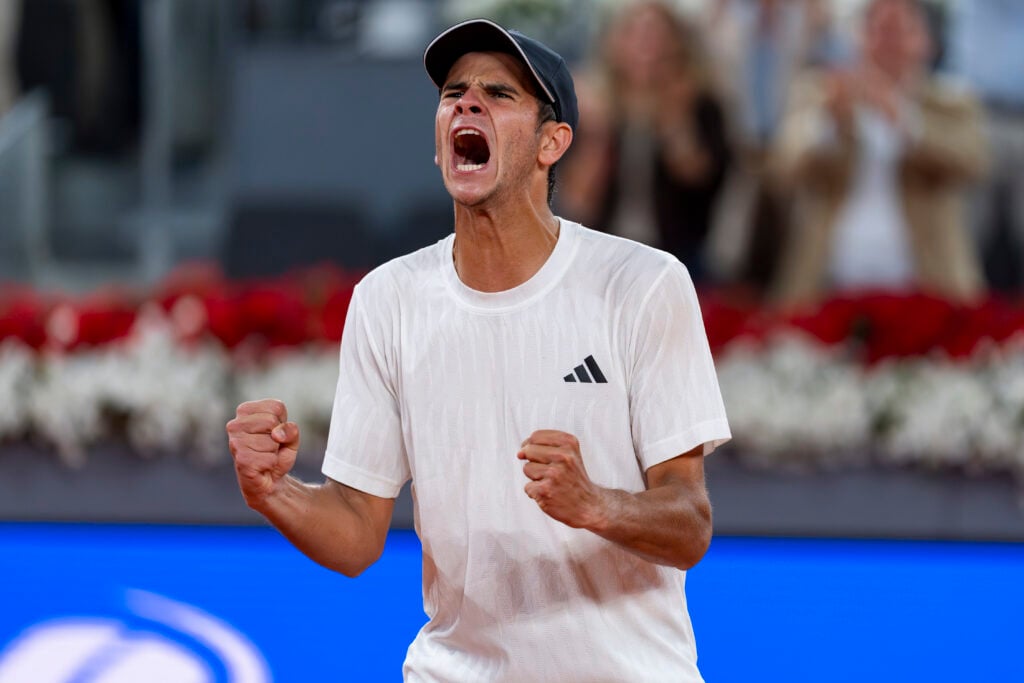 Rafael Jodar of Spain celebrates his victory against Joao Fonseca of Brazil during the Men's Singles Round of 32 match during the Mutua Madrid Open 2026 tournament celebrated at La Caja Magica on April 26, 2026 in Madrid, Spain.