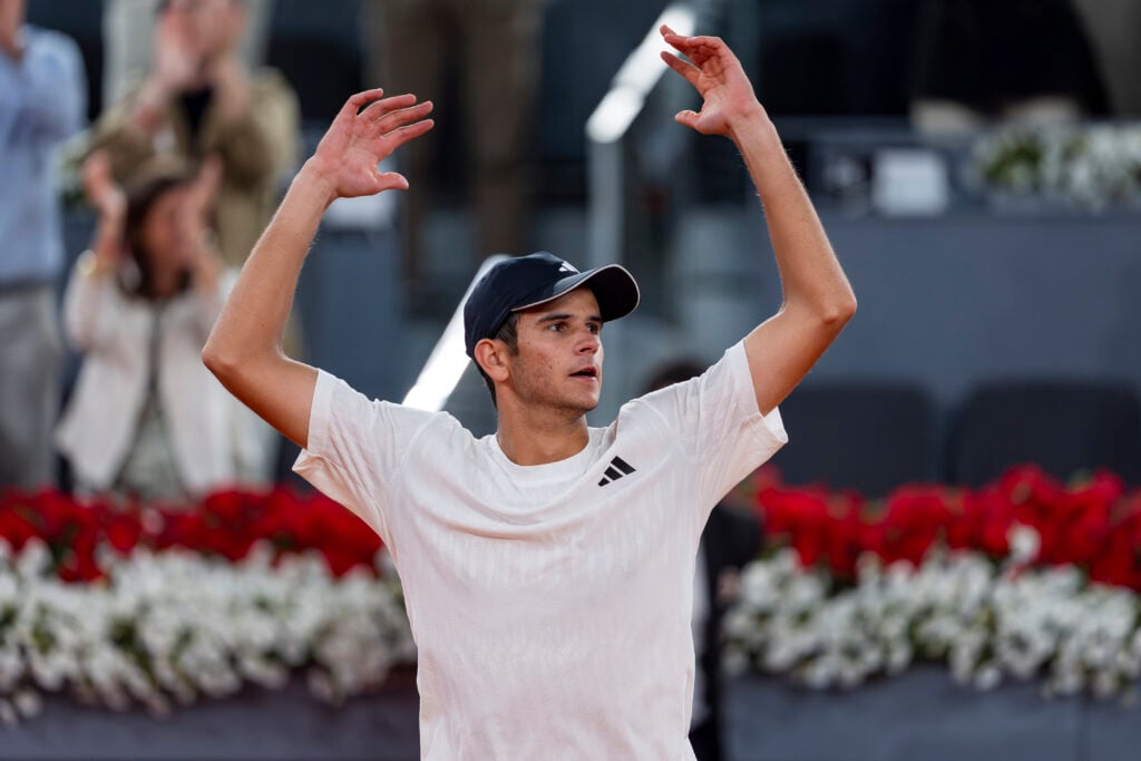Rafael Jodar reacts after beating Joao Fonseca at the Madrid Open