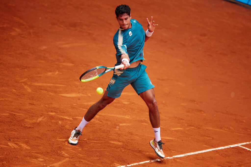Adolfo Daniel Vallejo of Paraguay plays a forehand shot against Grigor Dimitrov of Bulgaria in the Men's Singles First Round Match during day four of the Mutua Madrid Open at La Caja Magica on April 23, 2026 in Madrid, Spain.