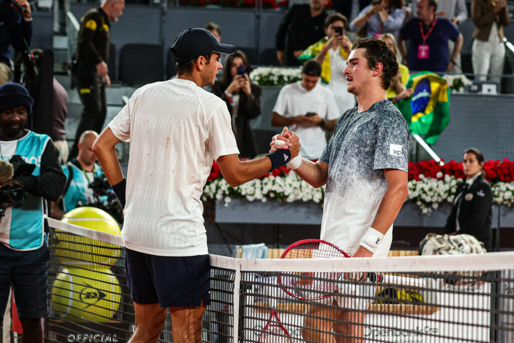 Rafael Jodar and Joao Fonseca embrace after their match at the 2026 Madrid Open