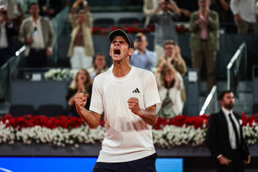 Rafael Jodar of Spain celebrates during his Men's Singles match against Joao Fonseca of Brazil on Day Seven of the Mutua Madrid Open at La Caja Magica on April 26, 2026, in Madrid, Spain.