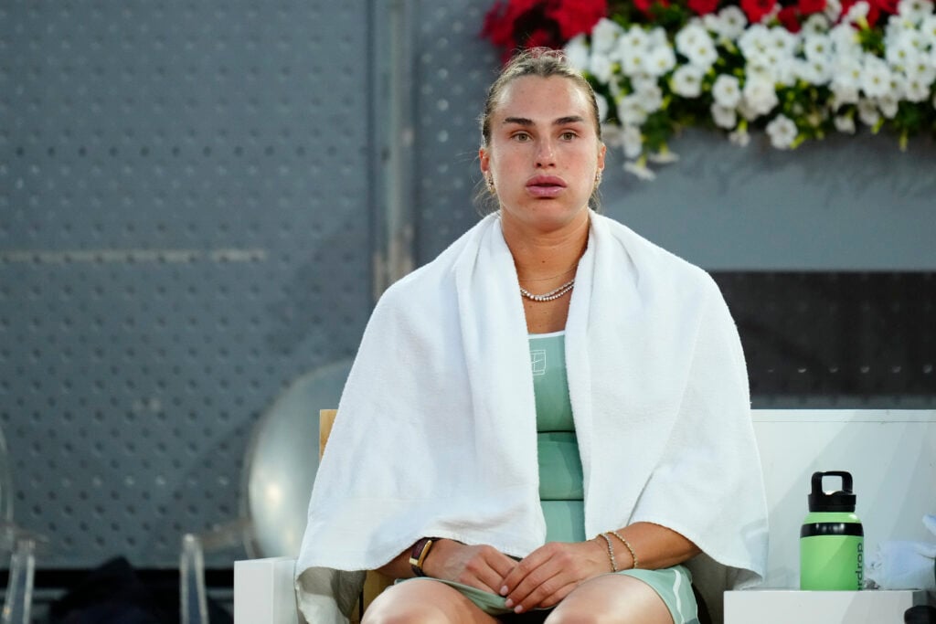 Aryna Sabalenka reacts against Hailey Baptiste of the United States during the Women's Singles quarter-final match on Day Nine of the Mutua Madrid Open at La Caja Magica on April 28, 2026 in Madrid, Spain.