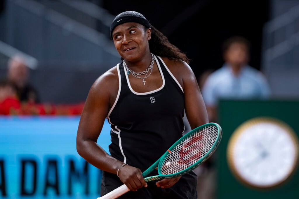 Hailey Baptiste of the United States celebrates the victory against Aryna Sabalenka during the Women's Singles quarter-final match on day nine during the Mutua Madrid Open 2026 tournament celebrated at La Caja Magica on April 28, 2026 in Madrid, Spain.