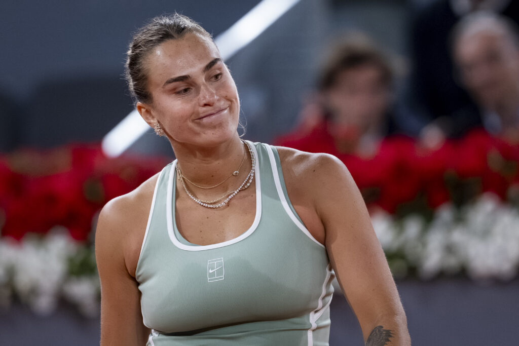 Aryna Sabalenka reacts against Hailey Baptiste of the United States during the Women's Singles quarter-final match on day nine during the Mutua Madrid Open 2026 tournament celebrated at La Caja Magica on April 28, 2026 in Madrid, Spain.