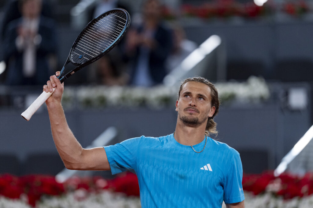Alexander Zverev of Germany celebrates the victory against Jakub Mensik of Czechia during the Men's Singles Fourth Round match on Day Nine during the Mutua Madrid Open 2026 tournament celebrated at La Caja Magica on April 28, 2026 in Madrid, Spain.