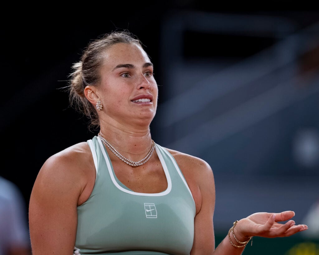 Aryna Sabalenka looks disappointed against Hailey Baptiste of the United States during the Women's Singles quarter-final match on day nine during the Mutua Madrid Open 2026 tournament celebrated at La Caja Magica on April 28, 2026 in Madrid, Spain.