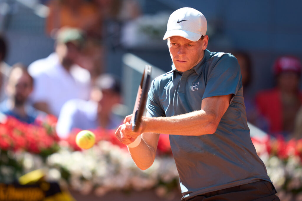 Jannik Sinner of Italy plays a backhand against Elmer Moller of Denmark during the 2026 Mutua Madrid Open Men's Round of 32 match on Day Seven at La Caja Magica on April 26, 2026 in Madrid, Spain.