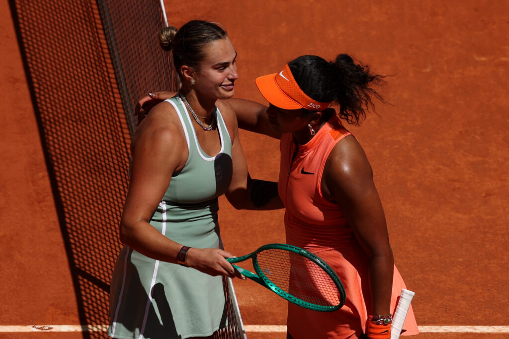 Naomi Osaka and Aryna Sabalenka meet at the net