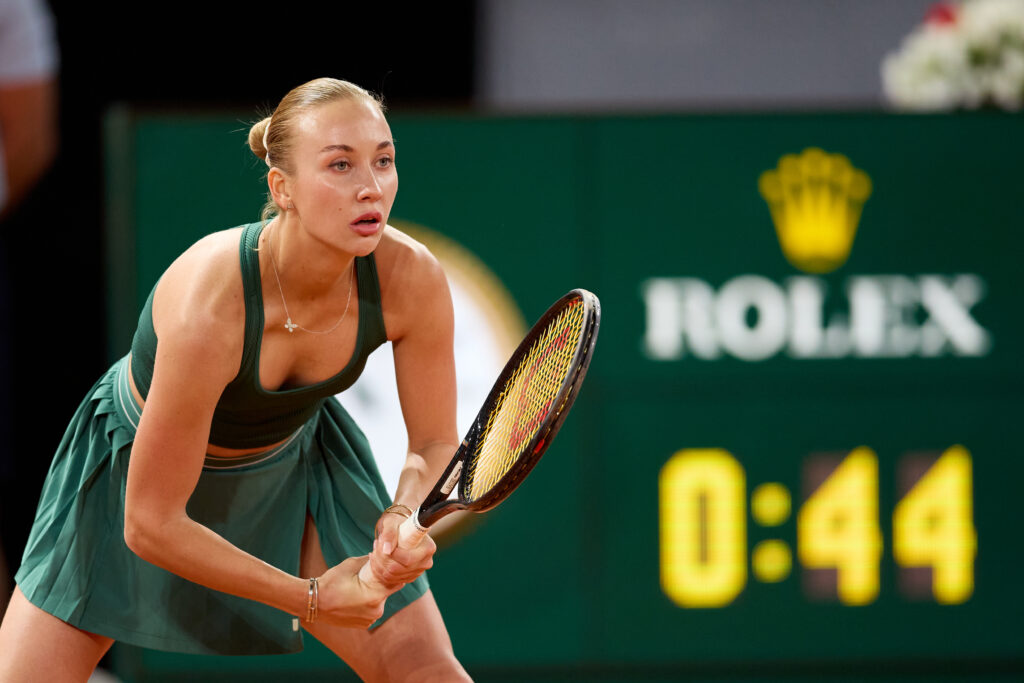 Anastasia Potapova of Russia looks on against Elena Rybakina of Kazakhstan during their Women’s Singles Round of 16 match at Manolo Santana Stadium on day eight of the Mutua Madrid Open at La Caja Magica on April 27, 2026 in Madrid, Spain.