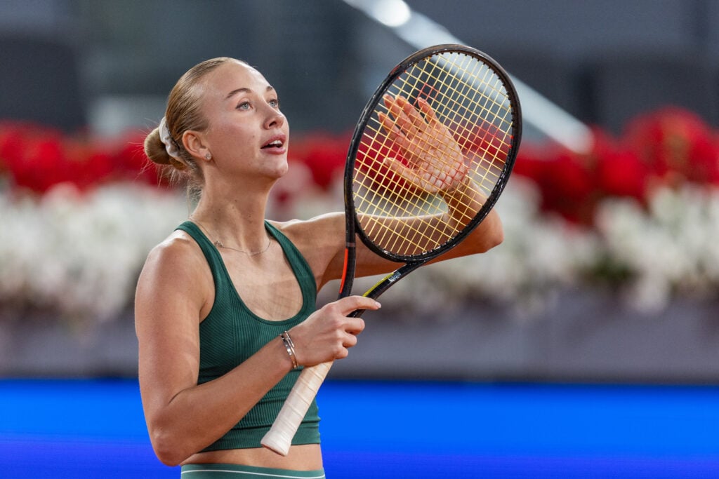 Anastasia Potapova of Austria celebrates victory against Elena Rybakina of Kazakhstan in the Women's Singles Round of 16 match during day eight at La Caja Magica on April 26, 2026 in Madrid, Spain.