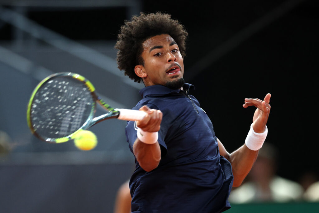 Arthur Fils of France plays a forehand against Jiri Lehecka of Czechia during the Men's Singles Quarter Final match on Day Ten of the Mutua Madrid Open at La Caja Magica on April 29, 2026 in Madrid, Spain.