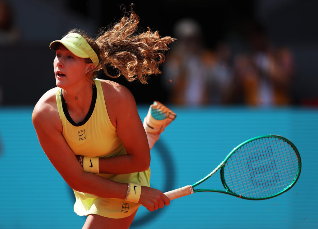 Mirra Andreeva serves to Hailey Baptiste of the USA during their Madrid Open semi-final match at the at La Caja Magica on April 30, 2026 in Madrid, Spain.