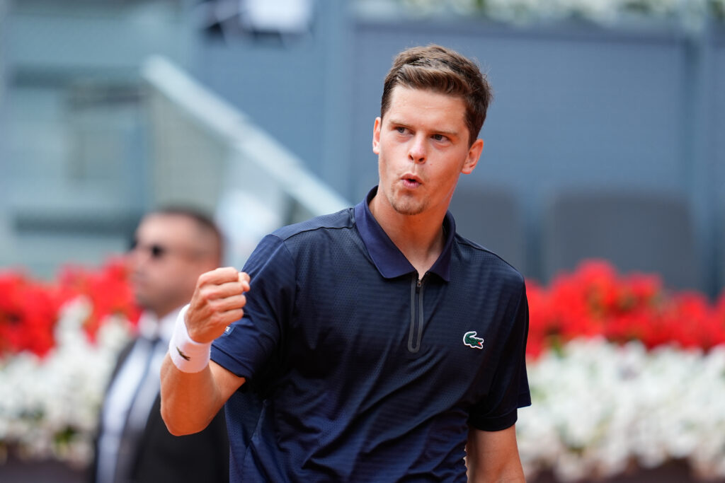 Alexander Blockx of Belgium celebrates the victory against Casper Ruud of Norway during the Mutua Madrid Open 2026 at La Caja Magica on April 30, 2026 in Madrid, Spain.