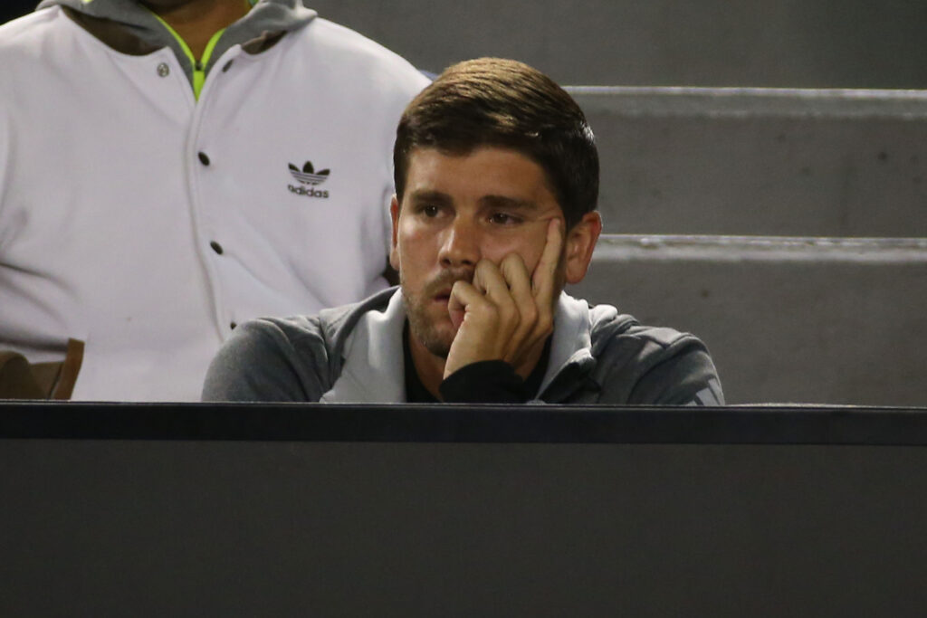 Dani Vallverdu, coach of Tomas Berdych of the Czech Republic watches him in his quarterfinal match against Andy Murray of Great Britain during day 11 of the 2015 Australian Open at Melbourne Park on January 29, 2015 in Melbourne, Australia.
