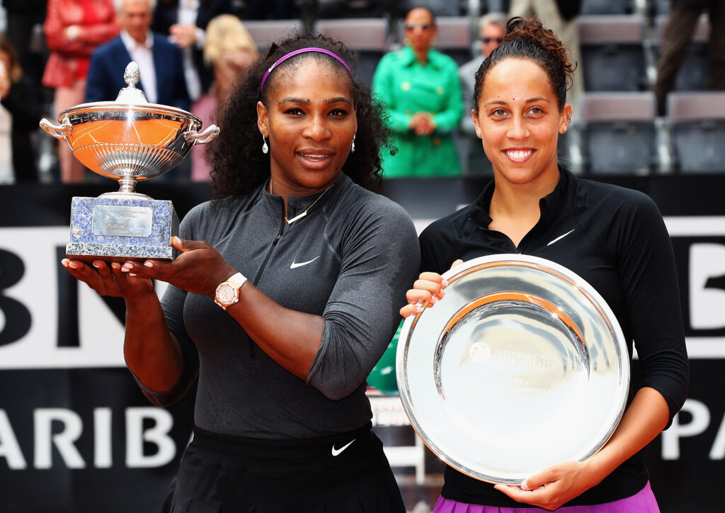 Madison Keys and Serena Williams pose with their trophies after the 2016 Italian Open final