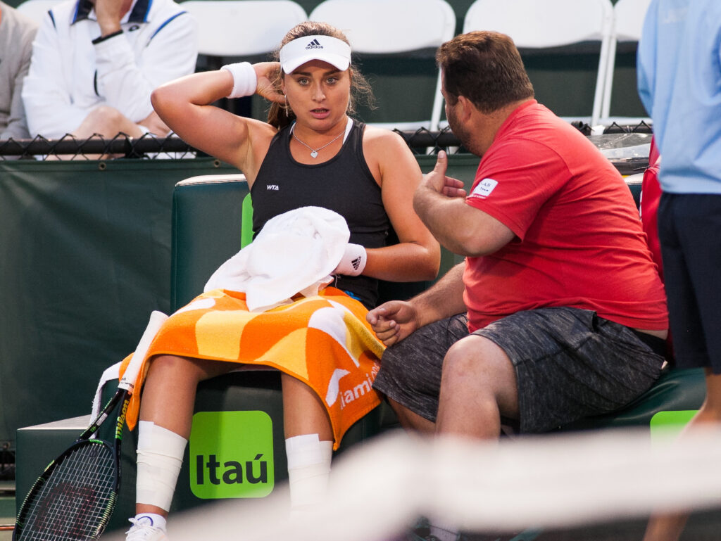 Paula Badosa Gibert (ESP) in action as she is defeated by Karolina Pliskova (CZE) 75 61 at the 2015 Miami Open in Key Biscayne, Florida.