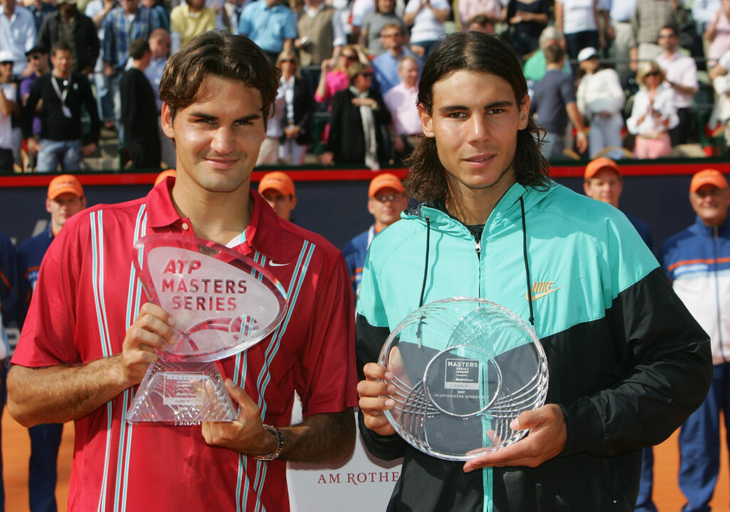 Roger Federer of Switzerland and Rafael Nadal of Spain hold their trophies during day seven of the Tennis Masters Series Hamburg at Rothenbaum Tennis Centre on May 20, 2007 in Hamburg, Germany.