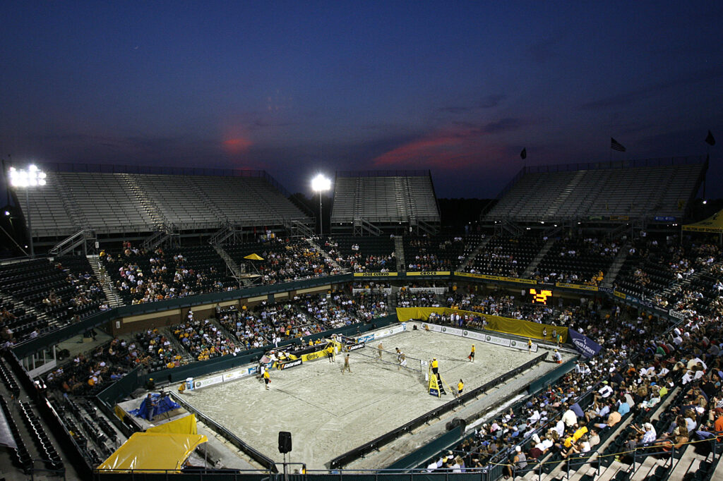 Jake Gibb and Sean Rosenthal face Mike Lambert and Stein Metzger in the fourth round of the winner's bracket during the AVP Crocs Tour Charleston Open on June 16, 2007 at Family Circle Tennis Center on Daniel's Island in Charleston, South Carolina.