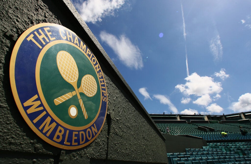 The Championships' logo is seen at Centre Court during previews for the Wimbledon Lawn Tennis Championships at the All England Lawn Tennis and Croquet Club on June 21, 2007 in London, England.