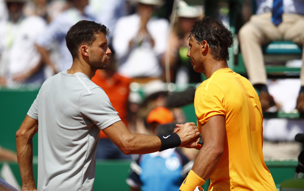 Rafael Nadal of Spain shakes hand with his opponent Grigor Dimitrov after his men's Semi-Final match against Grigor Dimitrov of Bulgaria during day seven of ATP Masters Series: Monte Carlo Rolex Masters at Monte-Carlo Sporting Club on April 21, 2018 in Monte-Carlo, Monaco.