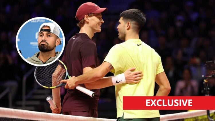 Carlos Alcaraz and Jannik Sinner meet at the net, exclusive logo bottom right, Nick Kyrgios top left in circle overlay