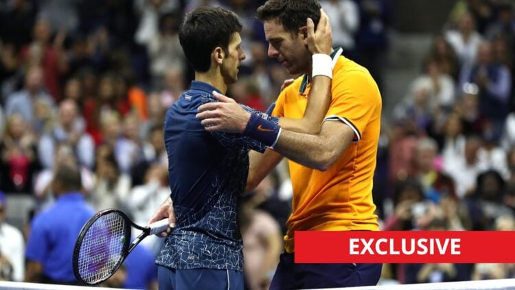 Juan Martin Del Potro and Novak Djokovic hug at the net, exclusive tag (bottom right)