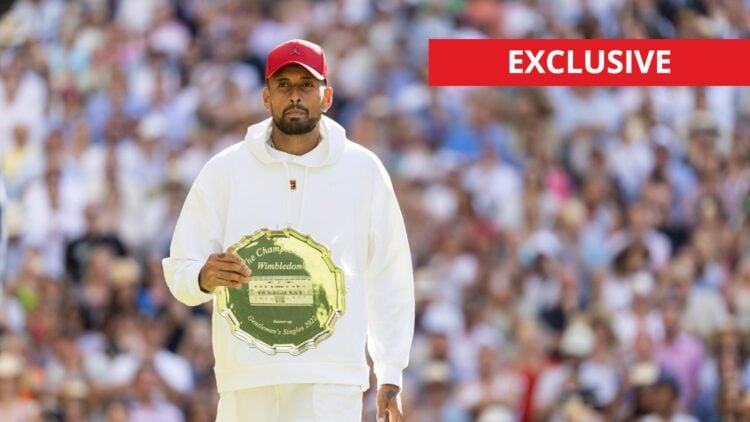 Nick Kyrgios holds his Wimbledon runners-up trophy, exclusive sign in top right