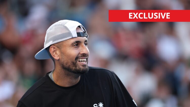 Nick Kyrgios smiles, exclusive logo top right