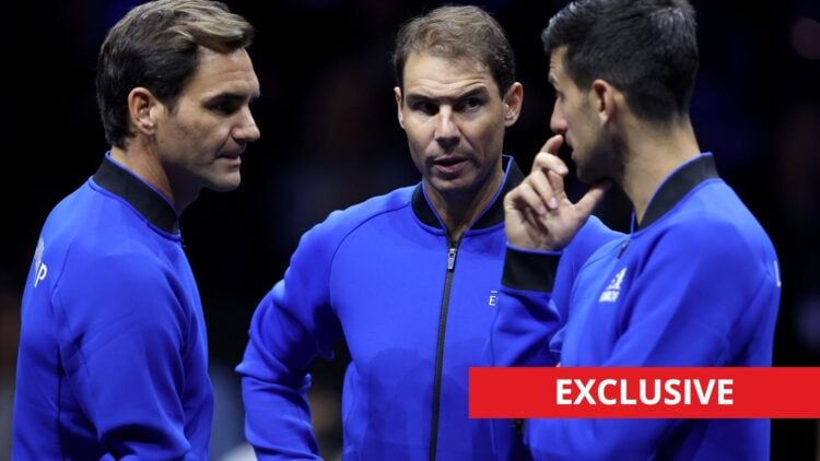 Roger Federer, Rafael Nadal and Novak Djokovic chat, exclusive logo bottom right