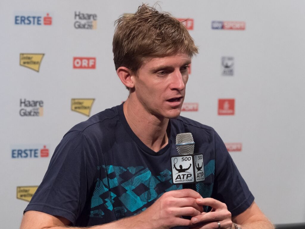 Kevin Anderson of South Africa speaks at the press conference after the final match between Kei Nishikori of Japan and Kevin Anderson of South Africa on day seven of the Erste Bank Open 500 at Wiener Stadthalle on October 28, 2018 in Vienna, Austria.