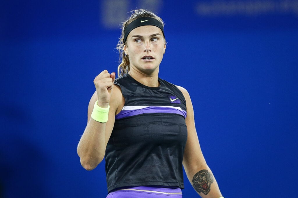 Aryna Sabalenka of Belarus reacts during the match against Elena Rybakina of Kazakhstan on Day 5 of 2019 Dongfeng Motor Wuhan Open at Optics Valley International Tennis Center on September 26, 2019 in Wuhan, China.