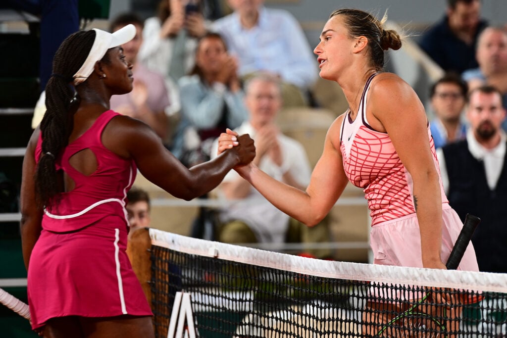 Belarus' Aryna Sabalenka (R) shakes hands with US Sloane Stephens after her victory during their women's singles match on day eight of the Roland-Garros Open tennis tournament at the Court Philippe-Chatrier in Paris on June 4, 2023.