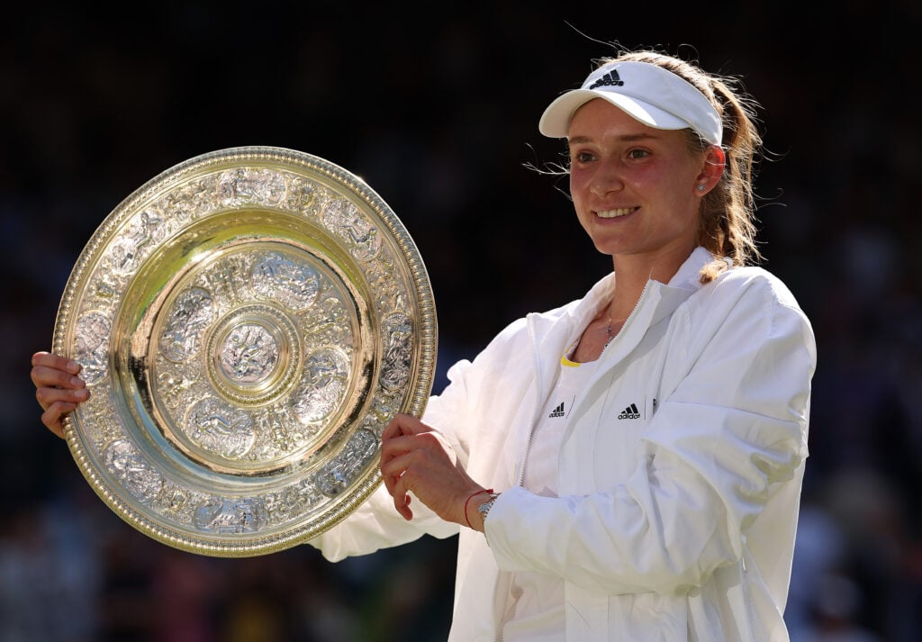 Elena Rybakina celebrates after winning Wimbledon in 2022