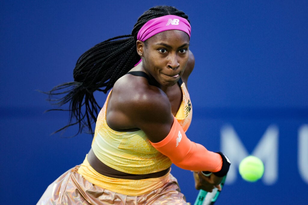 Coco Gauff returns a shot from Anhelina Kalinina of Ukraine during the Mubadala Silicon Valley Classic, part of the Hologic WTA Tour, at Spartan Tennis Complex on August 02, 2022 in San Jose, California.