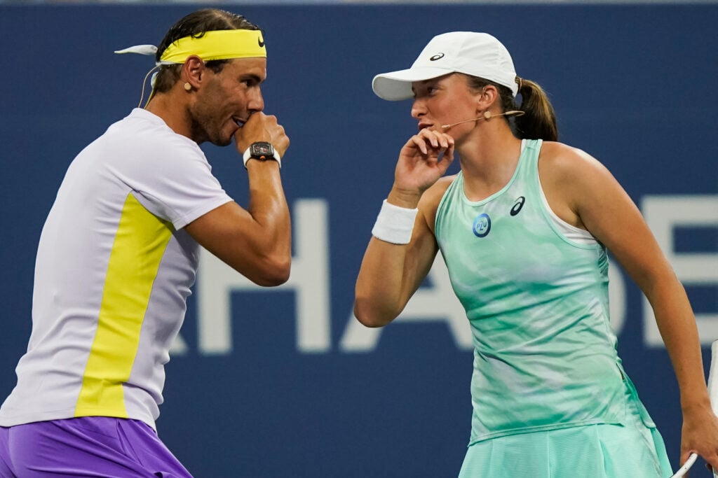 Rafael Nadal and Iga Swiatek talk during exhibition event at the 2022 US Open.