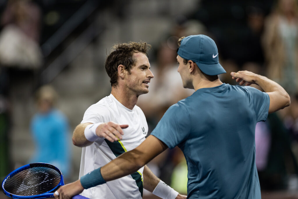 Andy Murray and Jack Draper embrace at Indian Wells