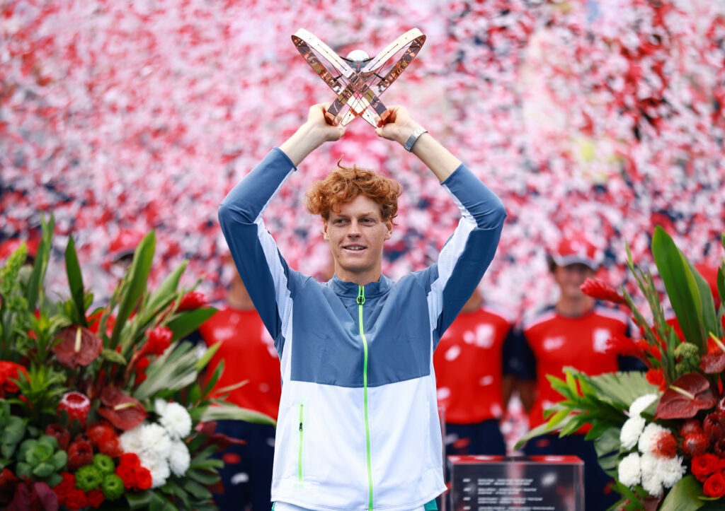 Jannik Sinner of Italy lifts the champions trophy after his win against Alex De Minaur of Australia in the Singles Final during Day Seven of the National Bank Open, part of the Hologic ATP Tour, at Sobeys Stadium on August 13, 2023 in Toronto, Canada.